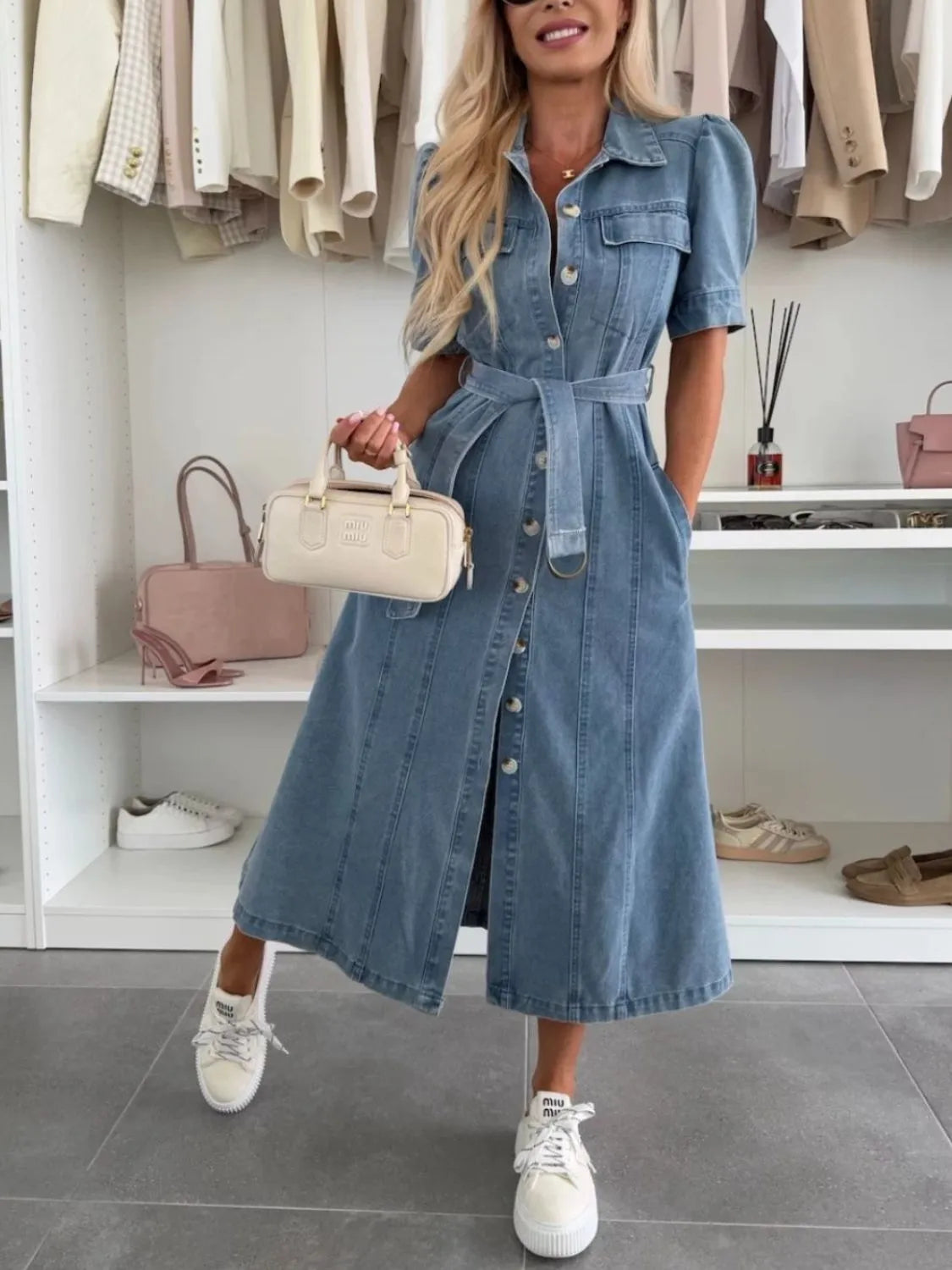Maisonrivelle | Robe longue en denim à manches bouffantes et boutons