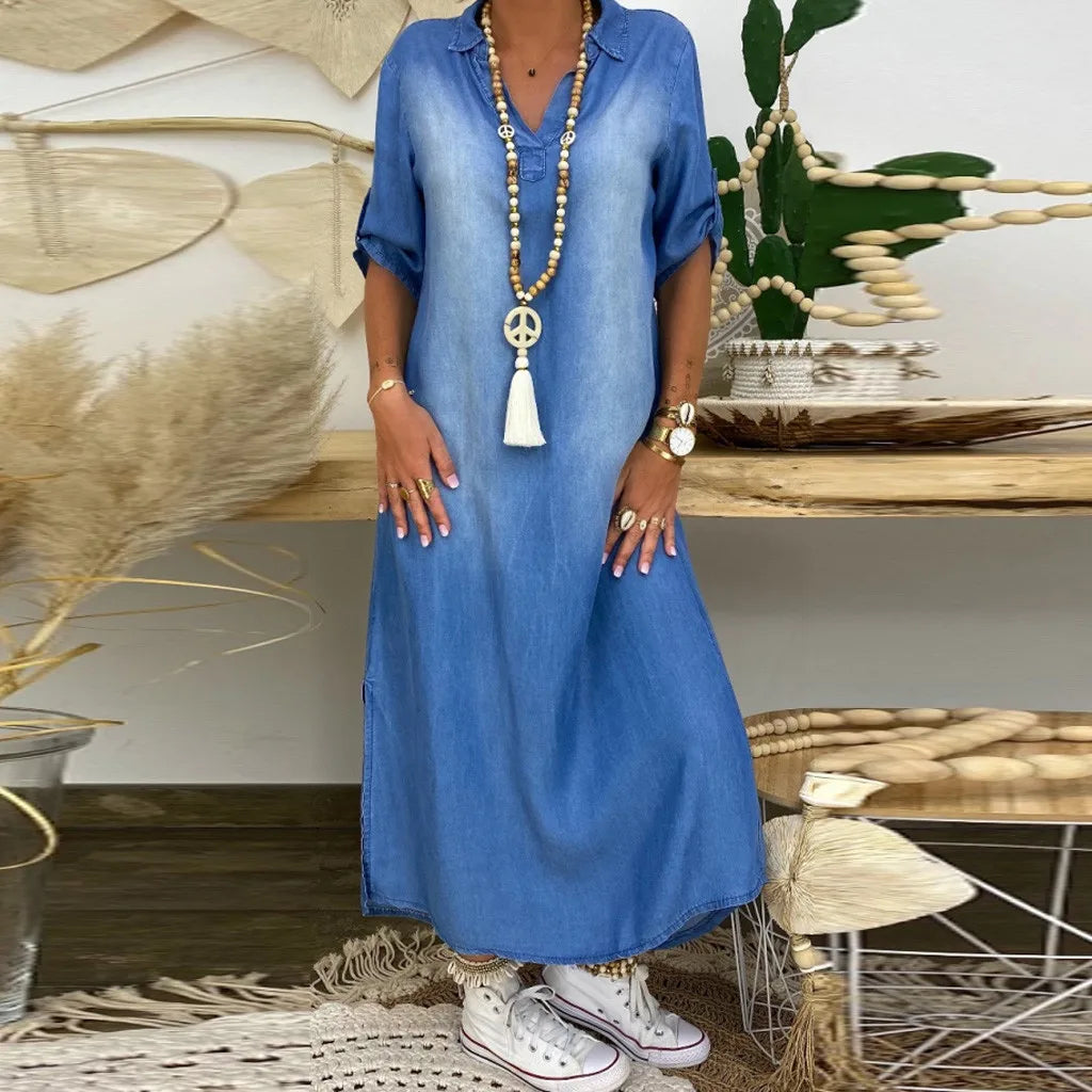 Maisonrivelle | Robe longue style jean avec fente sur le côté Lea