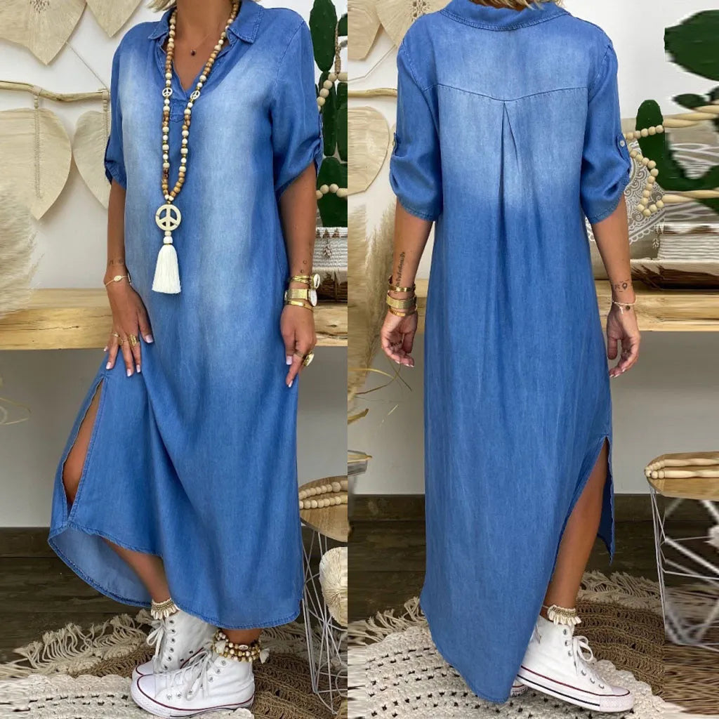 Maisonrivelle | Robe longue style jean avec fente sur le côté Lea