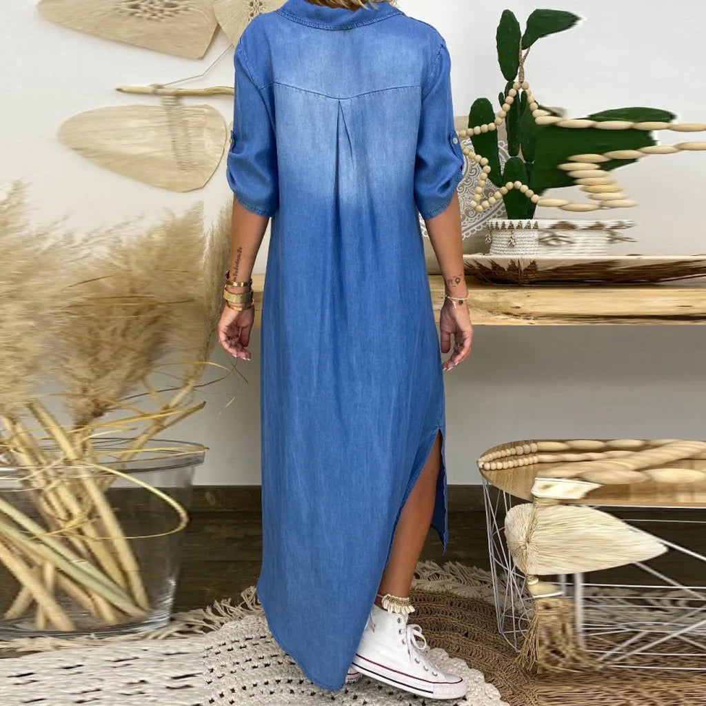 Maisonrivelle | Robe longue style jean avec fente sur le côté Lea