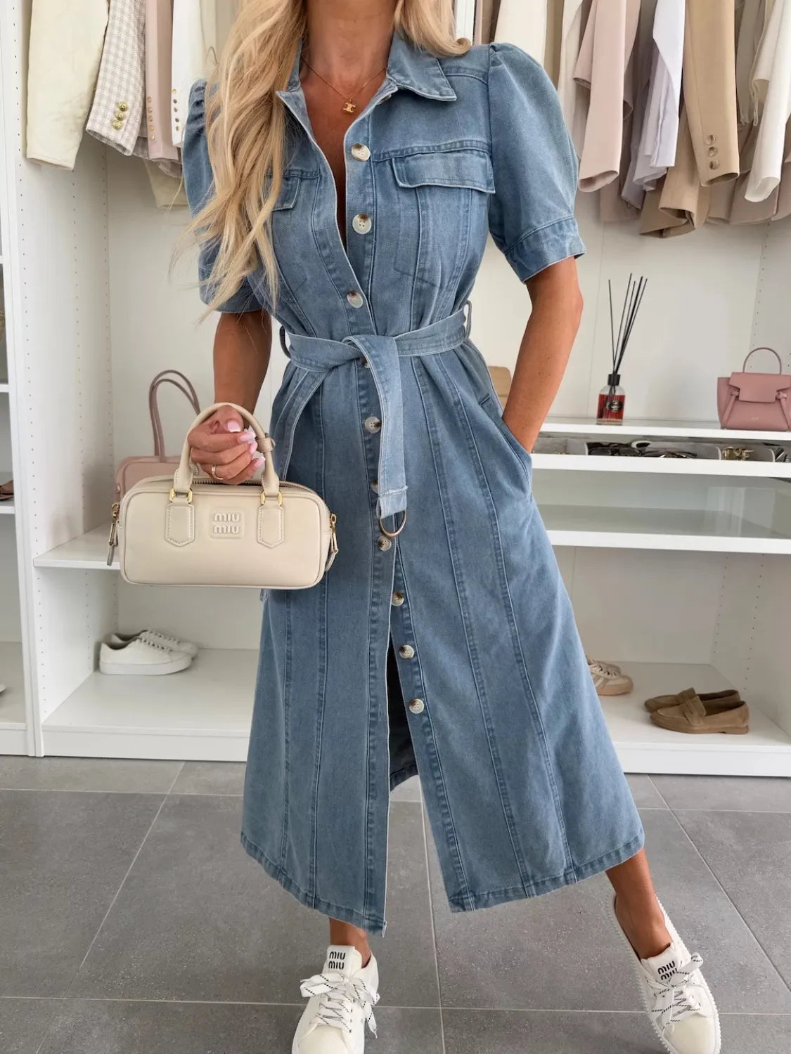 Maisonrivelle | Robe longue en denim à manches bouffantes et boutons