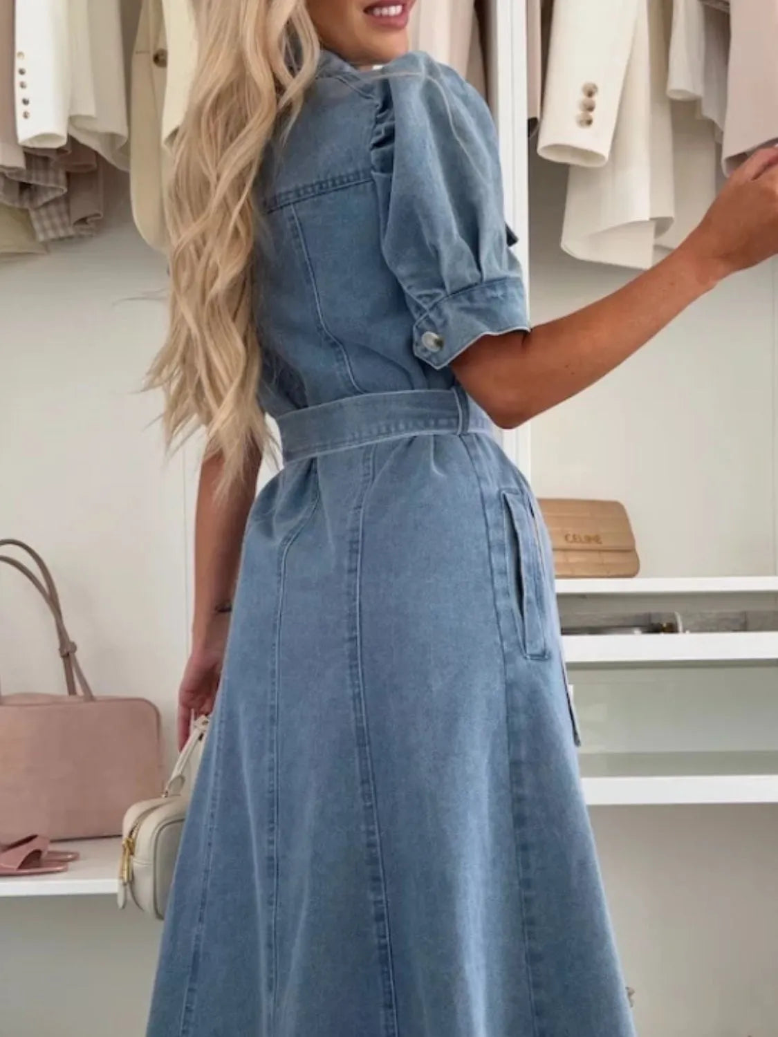 Maisonrivelle | Robe longue en denim à manches bouffantes et boutons
