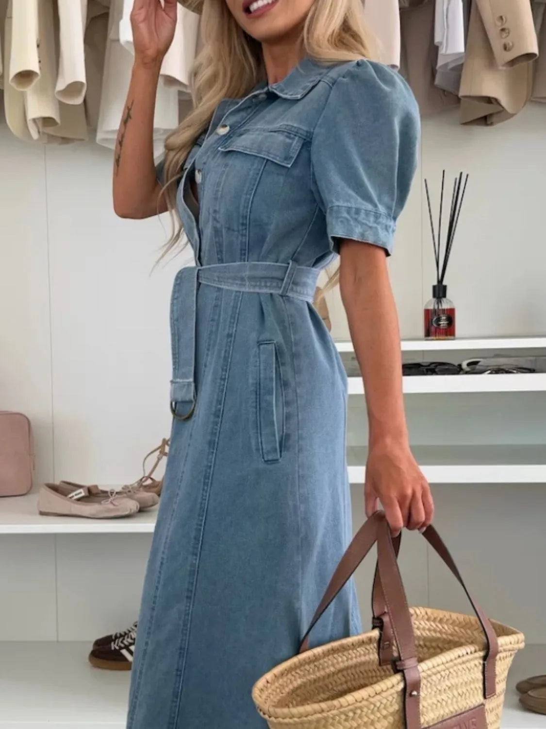 Maisonrivelle | Robe longue en denim à manches bouffantes et boutons