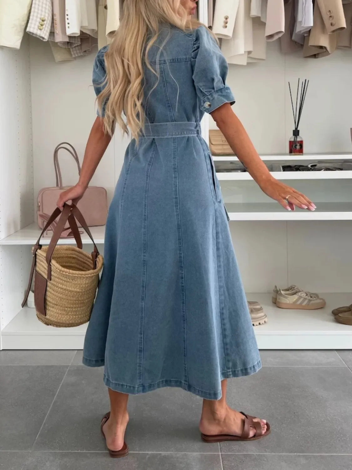 Maisonrivelle | Robe longue en denim à manches bouffantes et boutons
