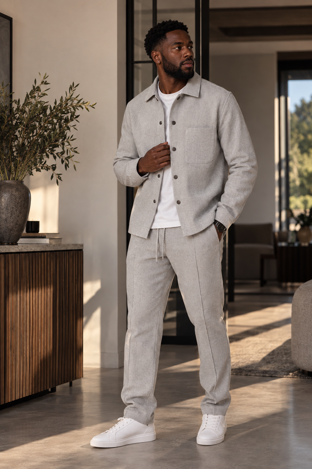 Ensemble décontracté deux pièces pour homme : veste et pantalon en maille gaufrée