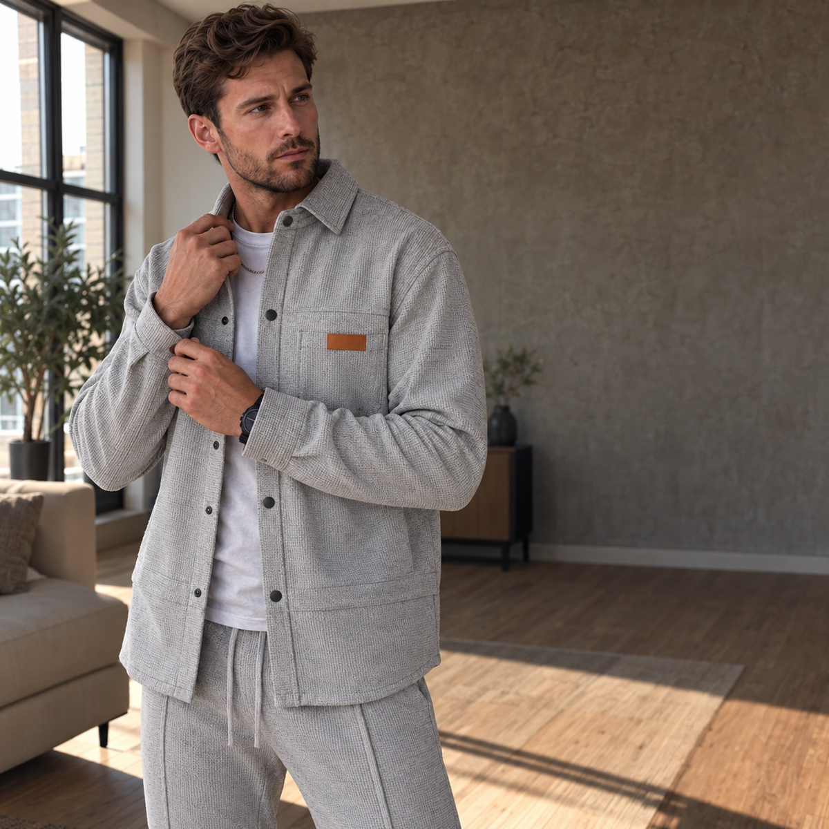 Ensemble décontracté deux pièces pour homme : veste et pantalon en maille gaufrée