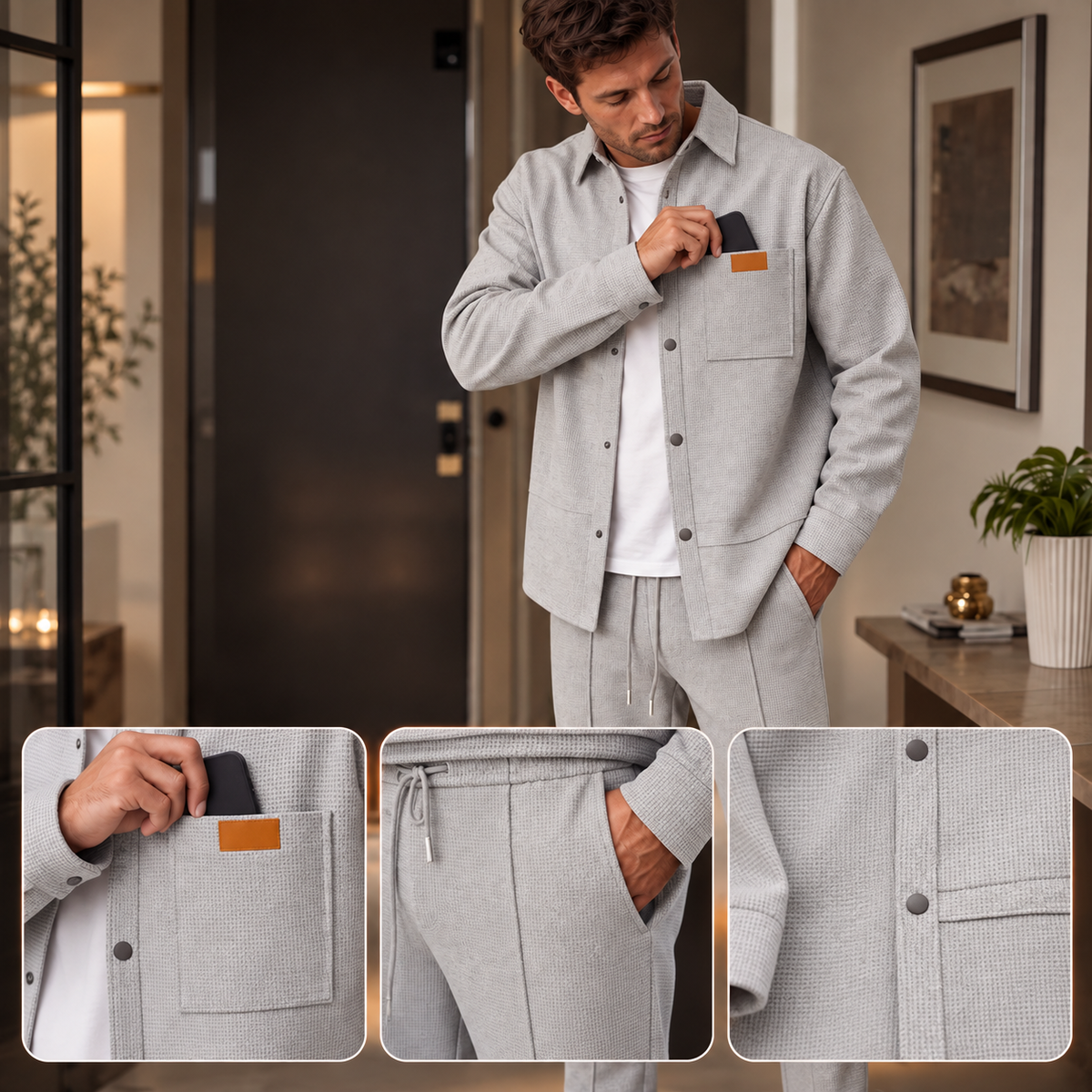 Ensemble décontracté deux pièces pour homme : veste et pantalon en maille gaufrée