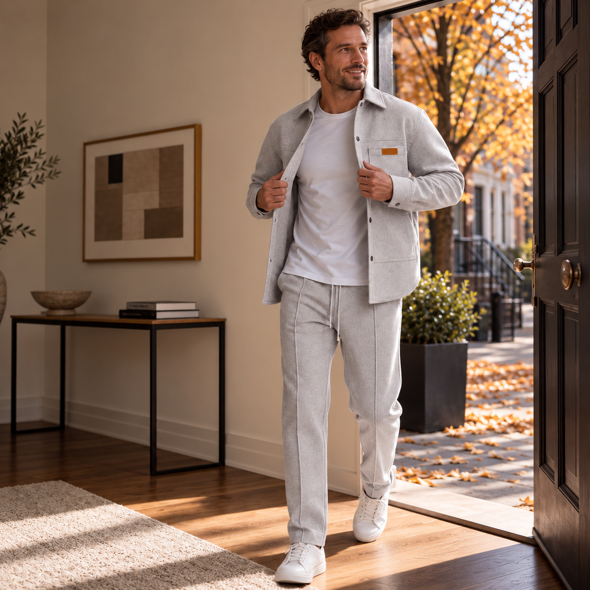 Ensemble décontracté deux pièces pour homme : veste et pantalon en maille gaufrée