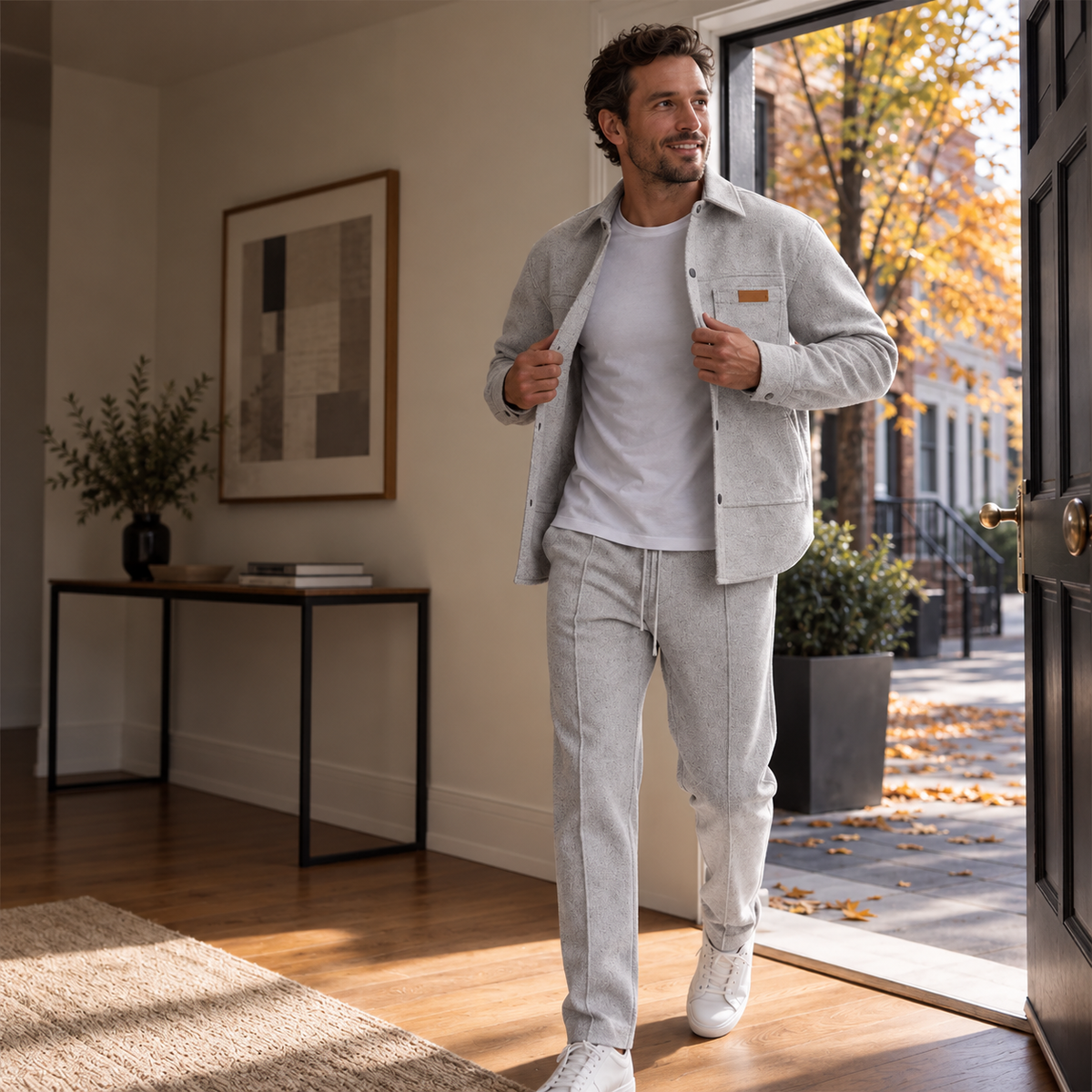 Ensemble décontracté deux pièces pour homme : veste et pantalon en maille gaufrée